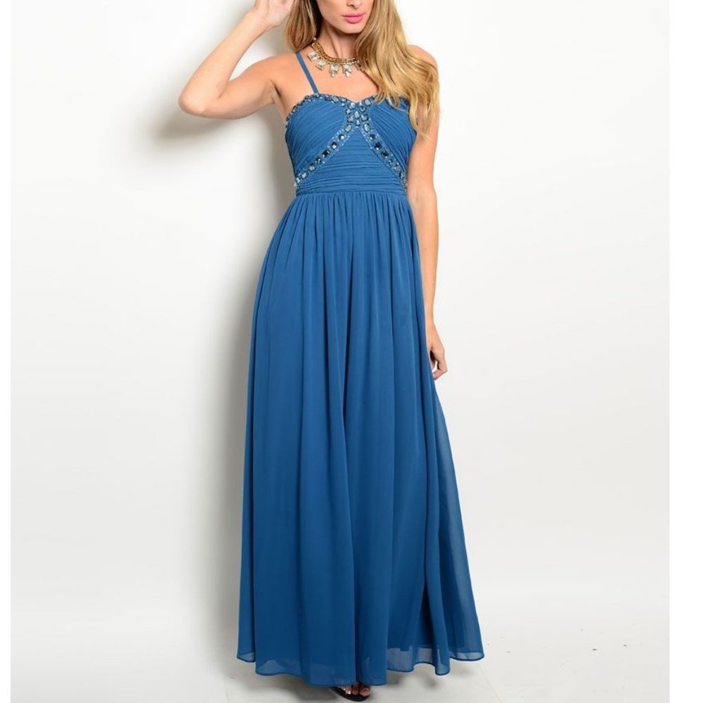 Blue Spaghetti Strap Dress with Stones